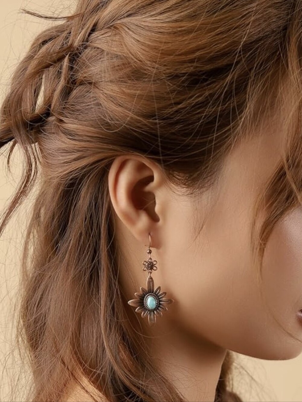 Antuque Copper And Turquoise Flower Earrings - Picture 5 of 7